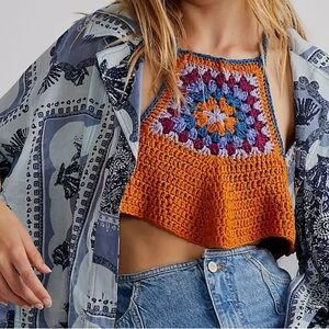 FREE PEOPLE BELLA CROCHET CROPPED CROP HALTER TANK TOP SHIRT BOHO